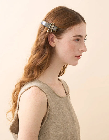 Women's barrette-Feuille Douce Barrette - Green-8 cm-Alexandre de paris GCC
