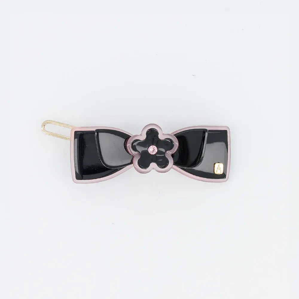 Galet Side Barrette-Black-Bow Hair Clip-Bow Shaped Hair Clip-Bow Barrette-Flower Design-Swarovski Crystal Centre-Black French Barrette-Decorative Hair Clip-Alexandre de Paris GCC -4.5 cm side barrette