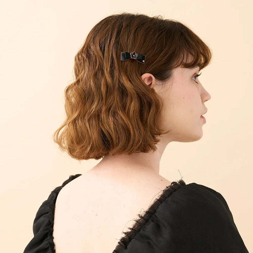 Galet Side Barrette-Black-Bow Hair Clip-Bow Shaped Hair Clip-Bow Barrette-Flower Design-Swarovski Crystal Centre-Black French Barrette-Decorative Hair Clip-Alexandre de Paris GCC -4.5 cm side barrette