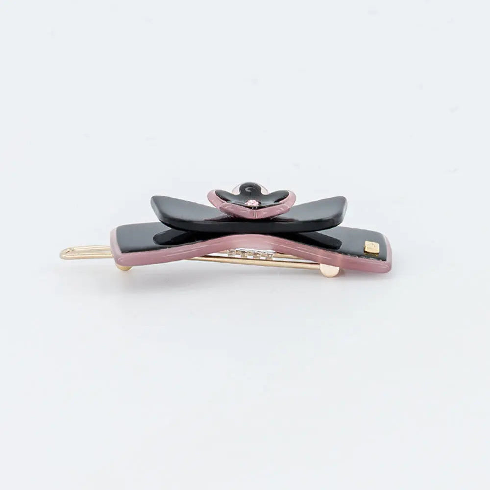 Galet Side Barrette-Black-Bow Hair Clip-Bow Shaped Hair Clip-Bow Barrette-Flower Design-Swarovski Crystal Centre-Black French Barrette-Decorative Hair Clip-Alexandre de Paris GCC -4.5 cm side barrette