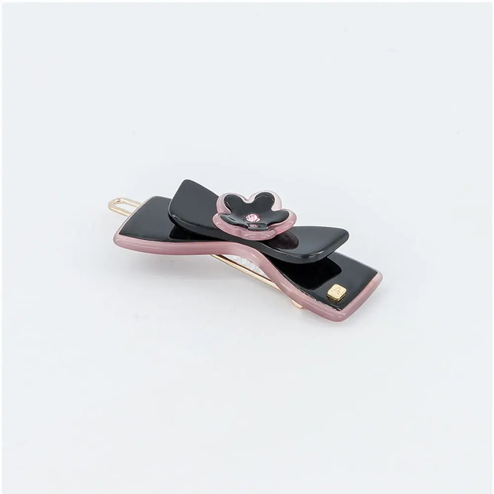 Galet Side Barrette-Black-Bow Hair Clip-Bow Shaped Hair Clip-Bow Barrette-Flower Design-Swarovski Crystal Centre-Black French Barrette-Decorative Hair Clip-Alexandre de Paris GCC -4.5 cm side barrette