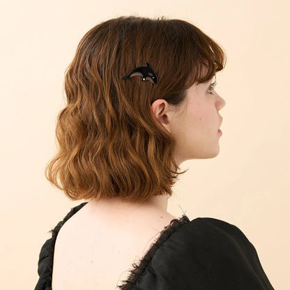 Fuséau Side Barrette-Black-Barrette Hair Clip-Dolphin Hair Clip-Black Barrette-Side Barrette-Decorative Hair Slide-Crystal Hair Barrette-Small Barrette-Dolphin Design-Alexandre de Paris GCC-4.5 cm side barrette