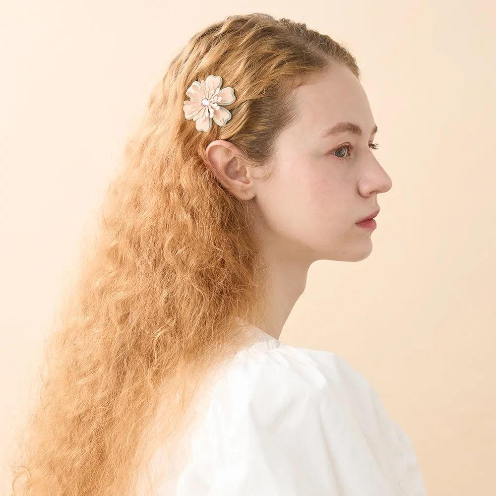 Fuséau Side Barrette-Beige-Flower Barrette-Floral Hair Piece-Side Barrette-Crystal Hair Barrette-Beige Hair Clip-Flower Hair Clip-Floral Hair Accessory-Decorative Hair Clip-Alexandre de Paris GCC-5.5 CM BARRETTE